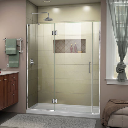 Unidoor-X frameless hinged shower door with 24 inch hinged panel and 6 inch inline panel for left wall installation in Polished Chrome, 3/8 inch clear tempered glass