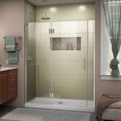 Unidoor-X frameless hinged shower door with 24 inch hinged panel and 6 inch inline panel for left wall installation in Brushed Nickel, 3/8 inch clear tempered glass