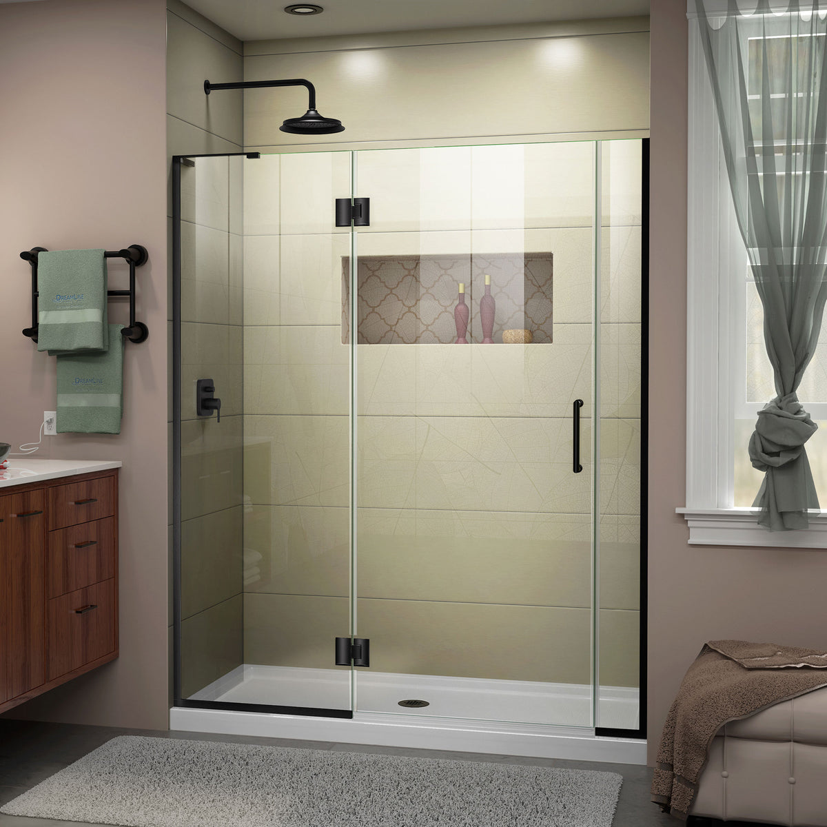 Unidoor-X frameless hinged shower door with 24 inch hinged panel and 6 inch inline panel for left wall installation in Satin Black, 3/8 inch clear tempered glass