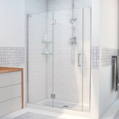 Unidoor-X frameless hinged shower door with 24 inch hinged panel and 6 inch inline panel for left wall installation shown in a bathroom setting in Polished Chrome
