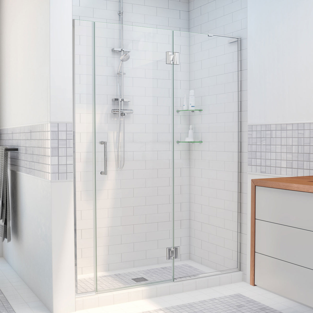 Unidoor-X frameless hinged shower door with 24 inch hinged panel and 6 inch inline panel for right wall installation in Polished Chrome, 3/8 inch clear tempered glass