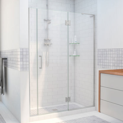 Unidoor-X frameless hinged shower door with 24 inch hinged panel and 6 inch inline panel for right wall installation in Brushed Nickel, 3/8 inch clear tempered glass