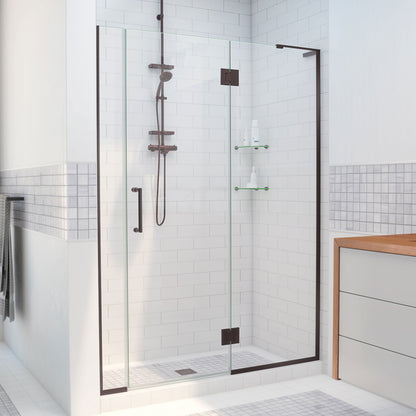 Unidoor-X frameless hinged shower door with 24 inch hinged panel and 6 inch inline panel for right wall installation in Oil Rubbed Bronze, 3/8 inch clear tempered glass