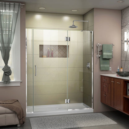 Unidoor-X frameless hinged shower door with 24 inch hinged panel and 6 inch inline panel for right wall installation shown in a bathroom setting in Polished Chrome
