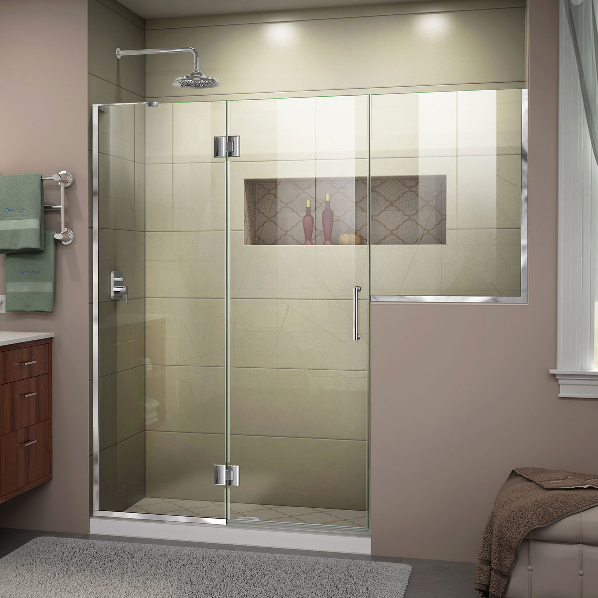 Unidoor-X frameless hinged shower door with 24 inch hinged panel and inline buttress panel for left wall installation in Polished Chrome, 3/8 inch clear tempered glass