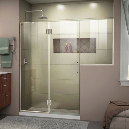 Unidoor-X frameless hinged shower door with 24 inch hinged panel and inline buttress panel for left wall installation in Brushed Nickel, 3/8 inch clear tempered glass