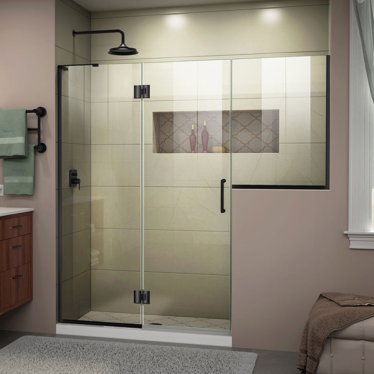 Unidoor-X frameless hinged shower door with 24 inch hinged panel and inline buttress panel for left wall installation in Satin Black, 3/8 inch clear tempered glass