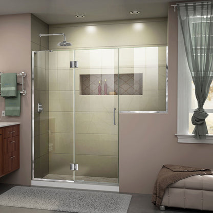 Unidoor-X frameless hinged shower door with 24 inch hinged panel and inline buttress panel for left wall installation shown in a bathroom setting in Polished Chrome