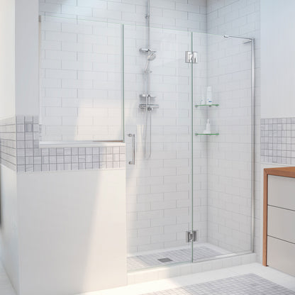 Unidoor-X frameless hinged shower door with 24 inch hinged panel and inline buttress panel for right wall installation in Polished Chrome, 3/8 inch clear tempered glass