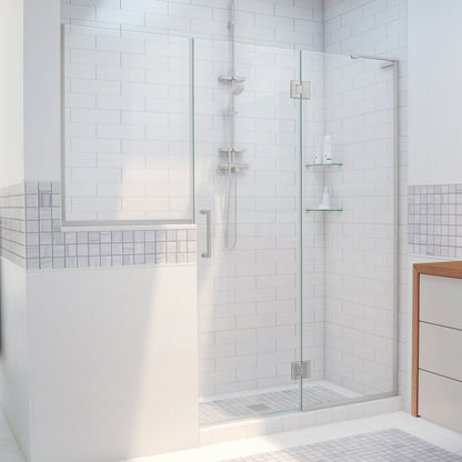 Unidoor-X frameless hinged shower door with 24 inch hinged panel and inline buttress panel for right wall installation in Brushed Nickel, 3/8 inch clear tempered glass