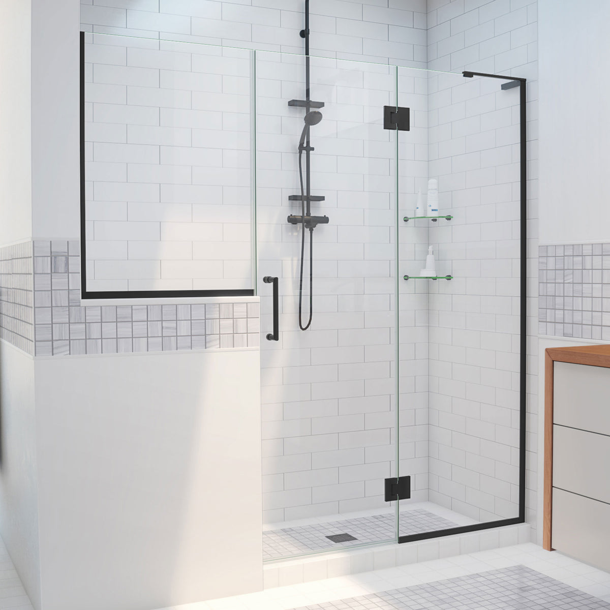 Unidoor-X frameless hinged shower door with 24 inch hinged panel and inline buttress panel for right wall installation in Satin Black, 3/8 inch clear tempered glass