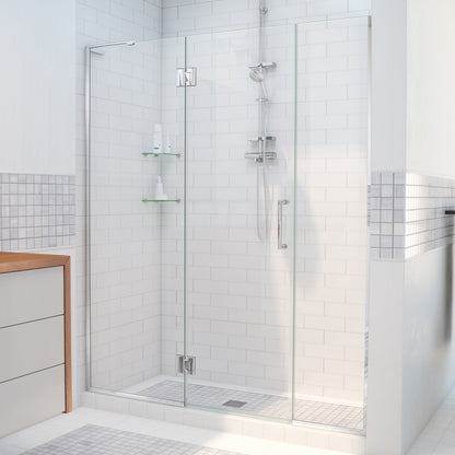 Unidoor-X frameless hinged shower door with 24 inch hinged panel and inline panel for left wall installation in Polished Chrome, 3/8 inch clear tempered glass