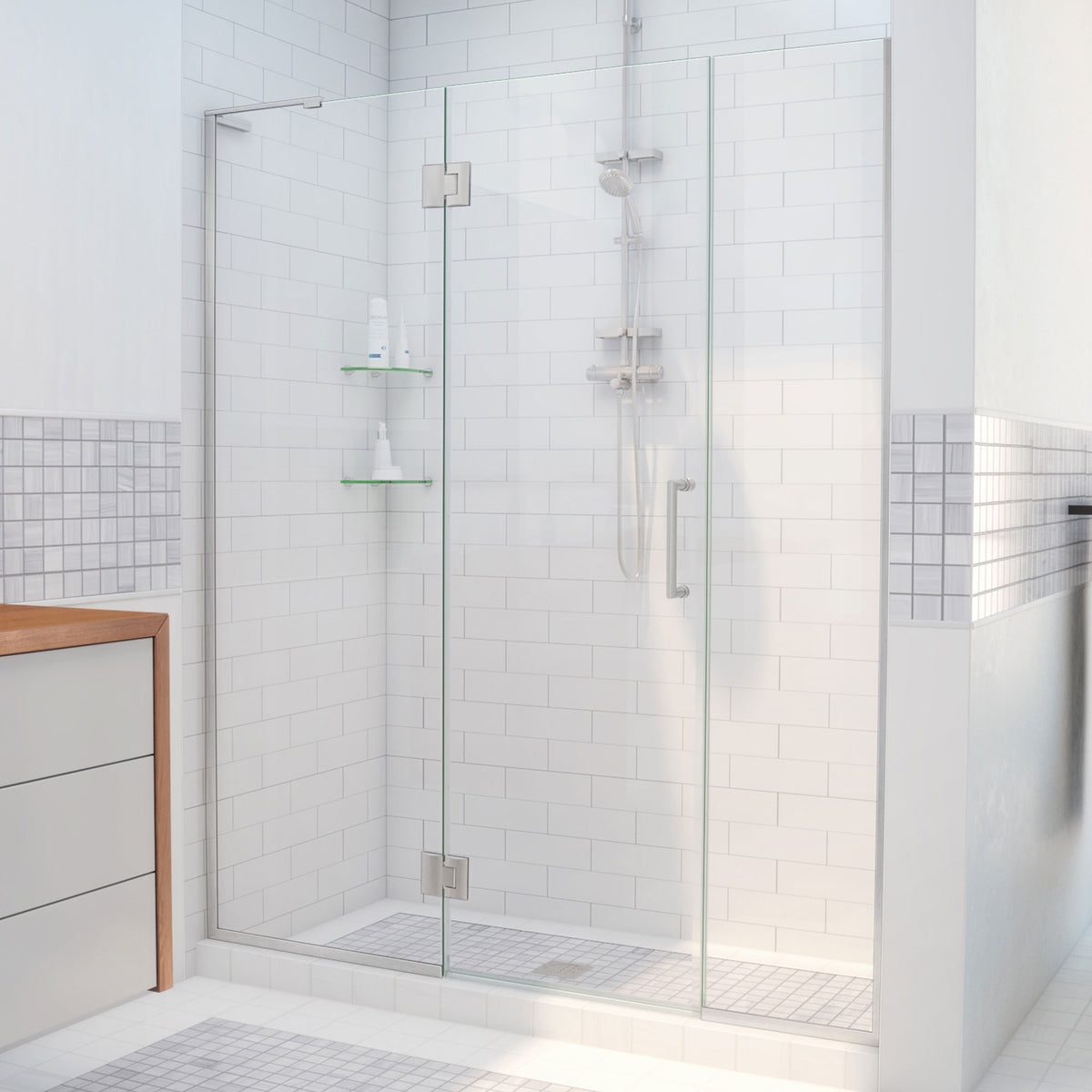Unidoor-X frameless hinged shower door with 24 inch hinged panel and inline panel for left wall installation in Brushed Nickel, 3/8 inch clear tempered glass