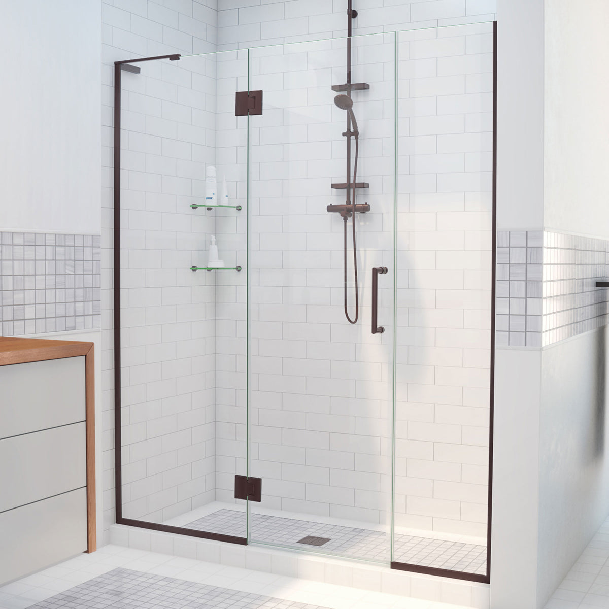 Unidoor-X frameless hinged shower door with 24 inch hinged panel and inline panel for left wall installation in Oil Rubbed Bronze, 3/8 inch clear tempered glass