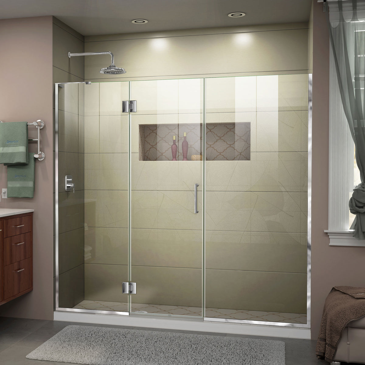 Unidoor-X frameless hinged shower door with 24 inch hinged panel and inline panel for left wall installation shown in a bathroom setting in Polished Chrome