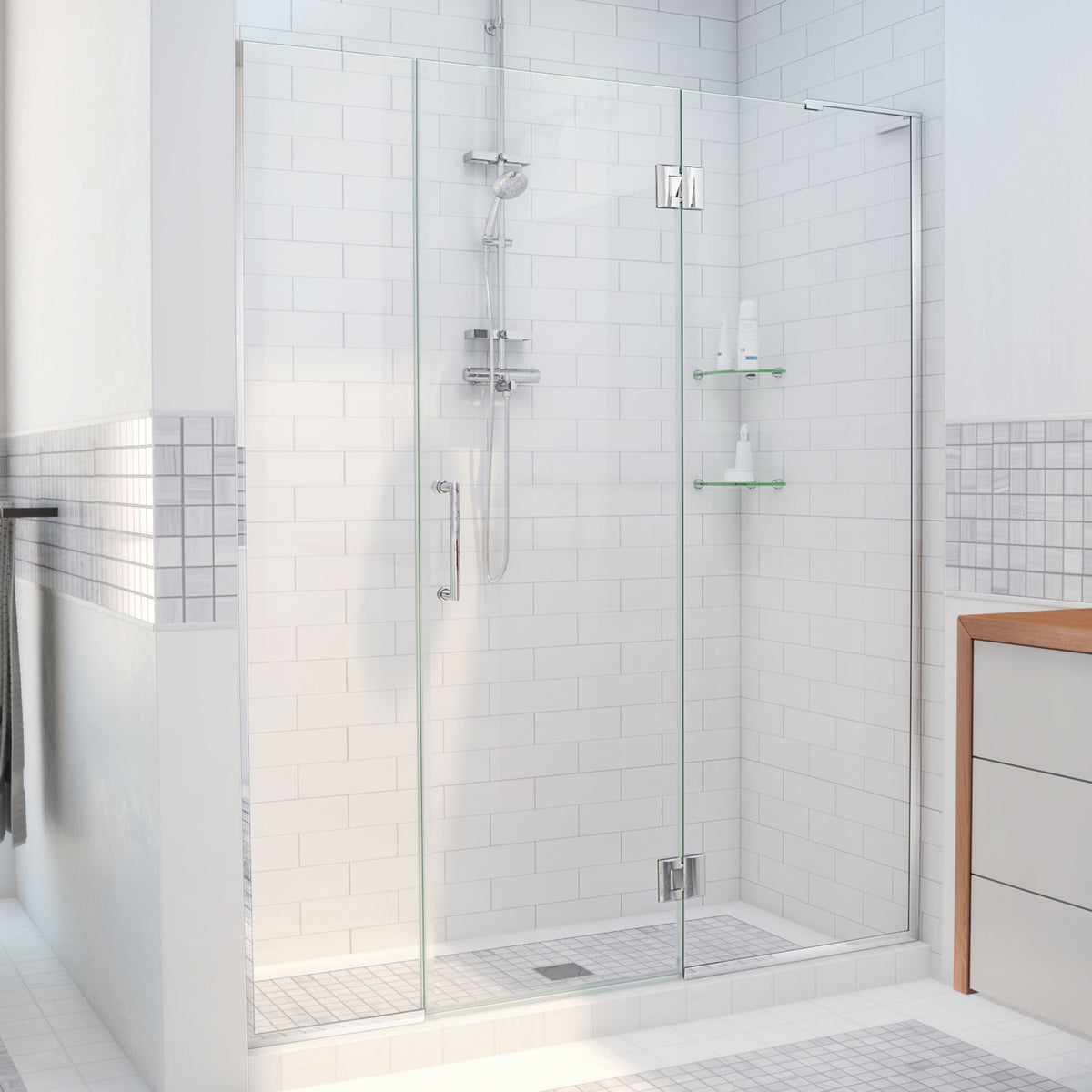 Unidoor-X frameless hinged shower door with 24 inch hinged panel and inline panel for right wall installation in Polished Chrome, 3/8 inch clear tempered glass