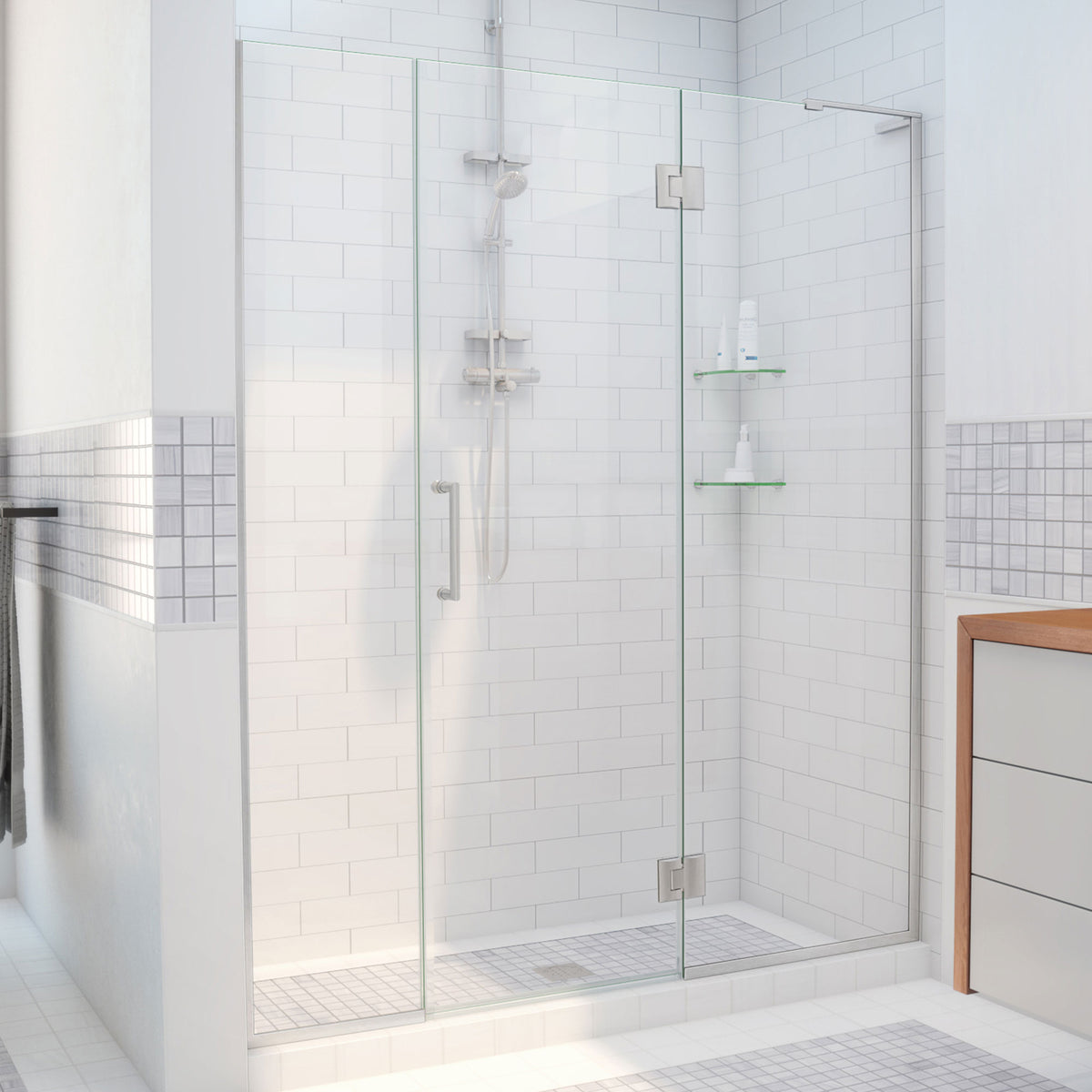 Unidoor-X frameless hinged shower door with 24 inch hinged panel and inline panel for right wall installation in Brushed Nickel, 3/8 inch clear tempered glass