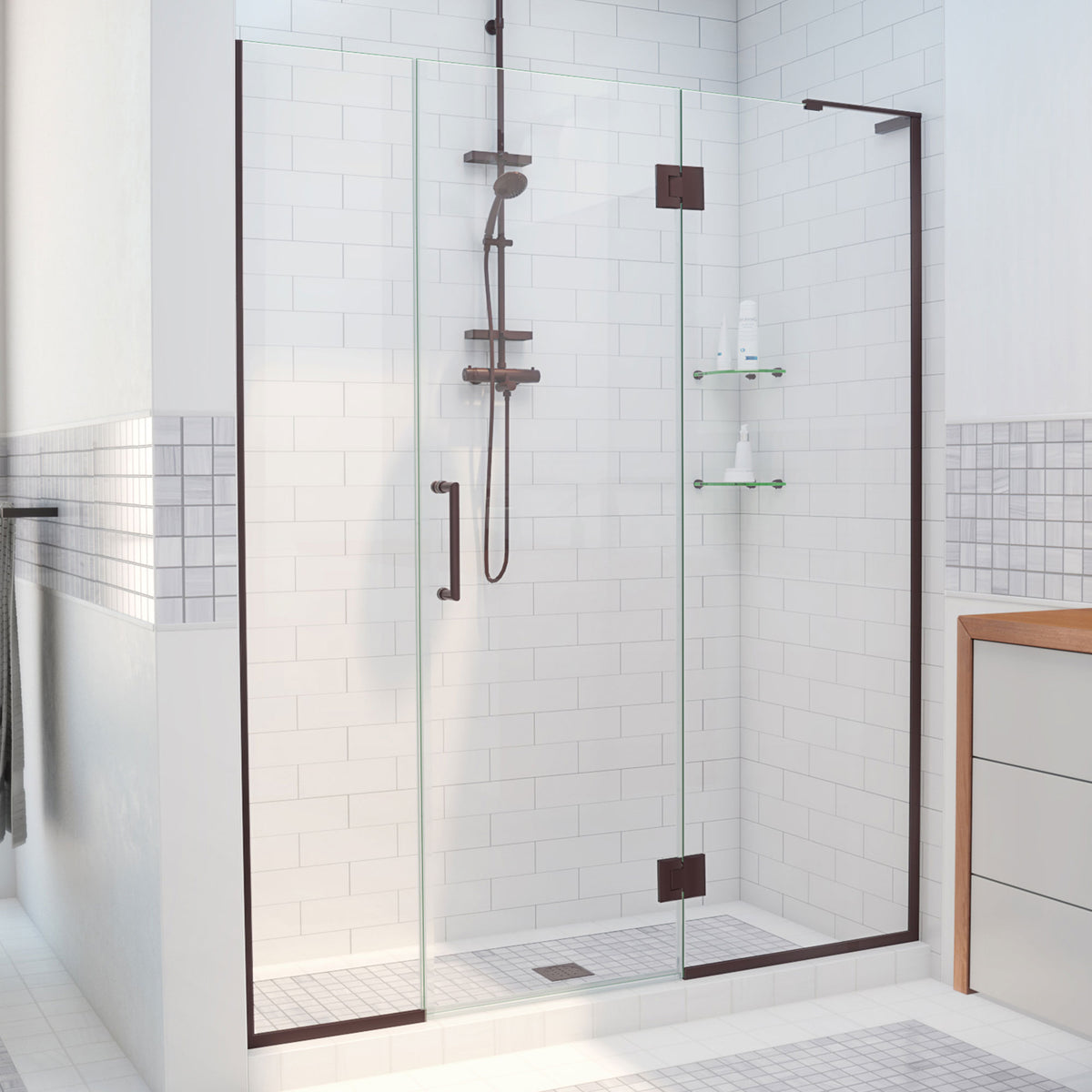 Unidoor-X frameless hinged shower door with 24 inch hinged panel and inline panel for right wall installation in Oil Rubbed Bronze, 3/8 inch clear tempered glass