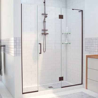 Unidoor-X frameless hinged shower door with 24 inch hinged panel and inline panel for right wall installation in Oil Rubbed Bronze, 3/8 inch clear tempered glass