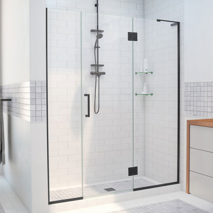 Unidoor-X frameless hinged shower door with 24 inch hinged panel and inline panel for right wall installation in Satin Black, 3/8 inch clear tempered glass