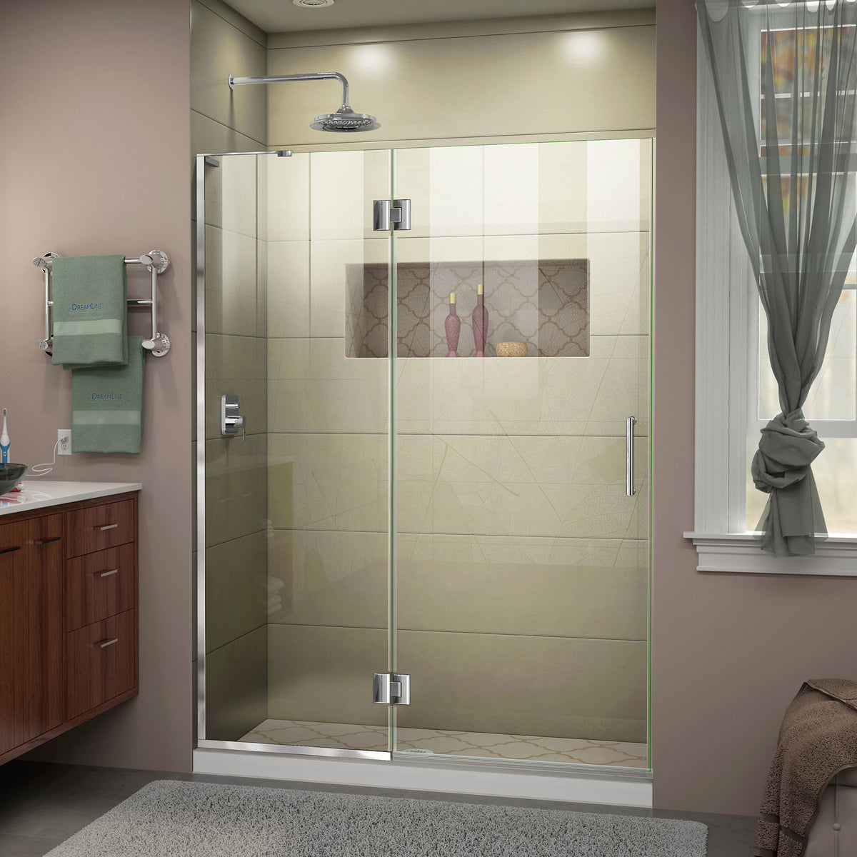 Unidoor-X frameless hinged shower door with 24 inch hinged panel for left wall installation in Polished Chrome, 3/8 inch clear tempered glass