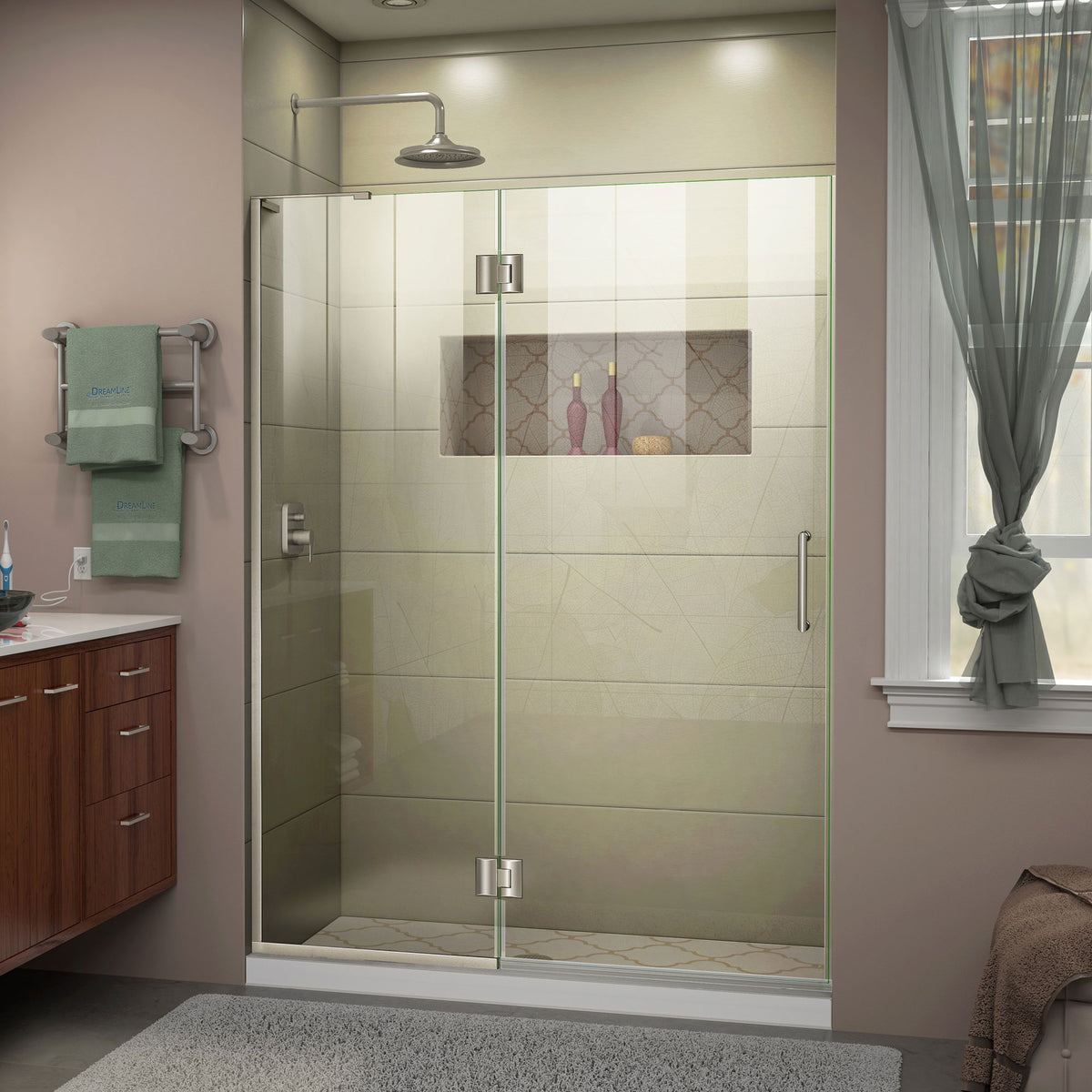 Unidoor-X frameless hinged shower door with 24 inch hinged panel for left wall installation in Brushed Nickel, 3/8 inch clear tempered glass