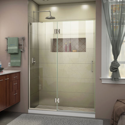 Unidoor-X frameless hinged shower door with 24 inch hinged panel for left wall installation in Brushed Nickel, 3/8 inch clear tempered glass
