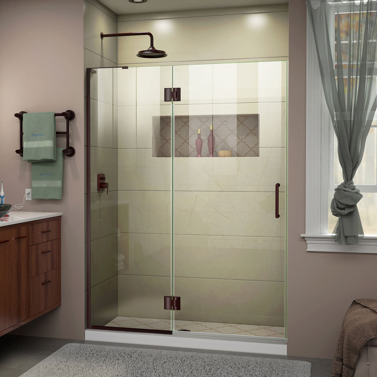 Unidoor-X frameless hinged shower door with 24 inch hinged panel for left wall installation in Oil Rubbed Bronze, 3/8 inch clear tempered glass