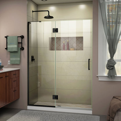 Unidoor-X frameless hinged shower door with 24 inch hinged panel for left wall installation in Satin Black, 3/8 inch clear tempered glass