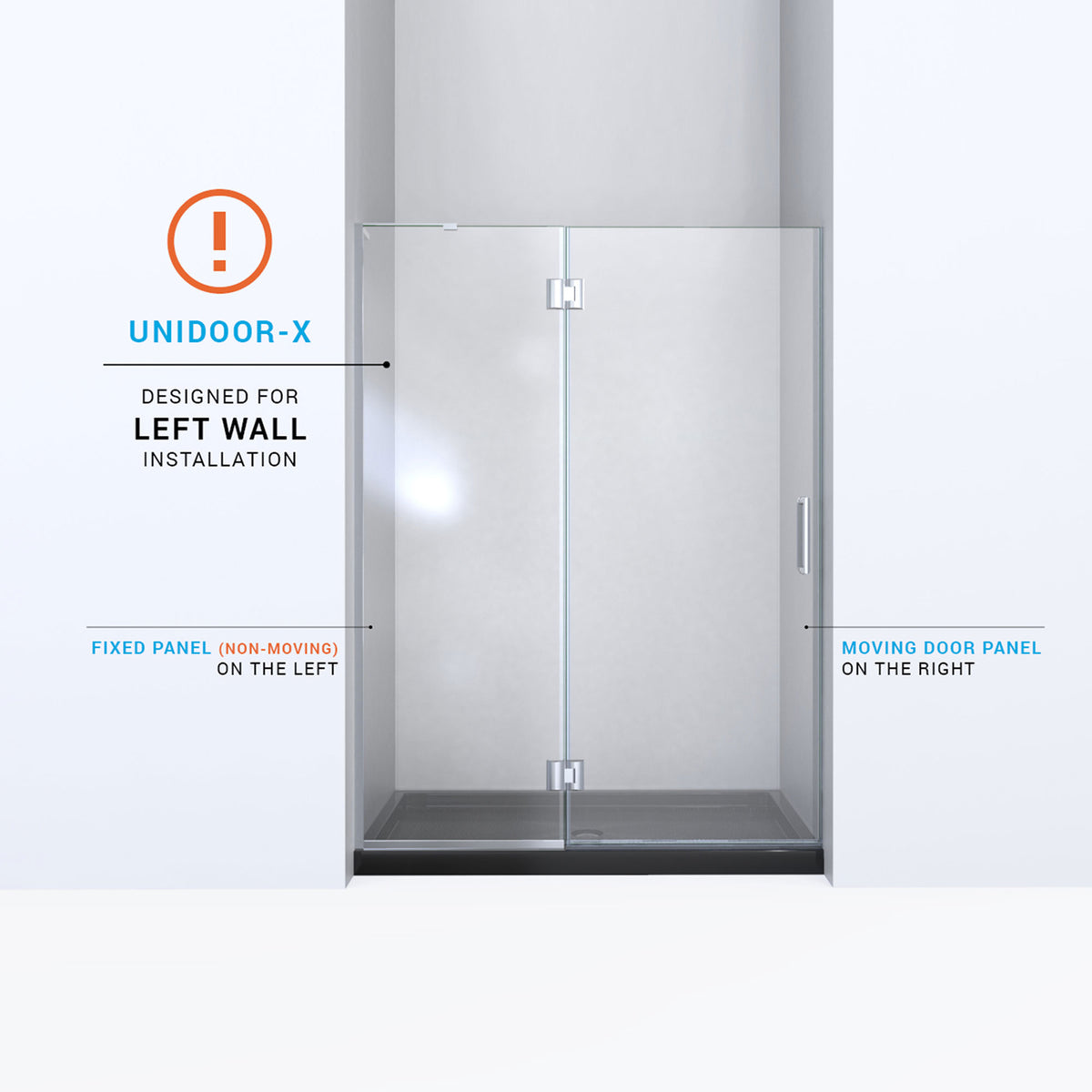 Unidoor-X left wall installation diagram with the hinged panel on the left