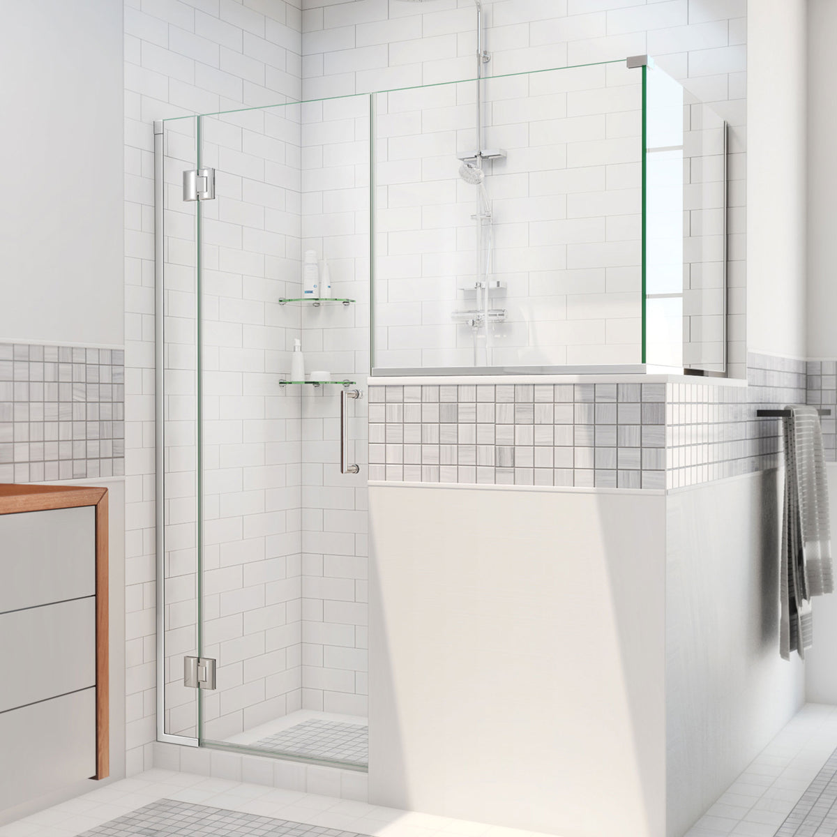 Unidoor-X frameless hinged pony wall corner shower enclosure with glass half panels on a knee wall in Polished Chrome with clear glass
