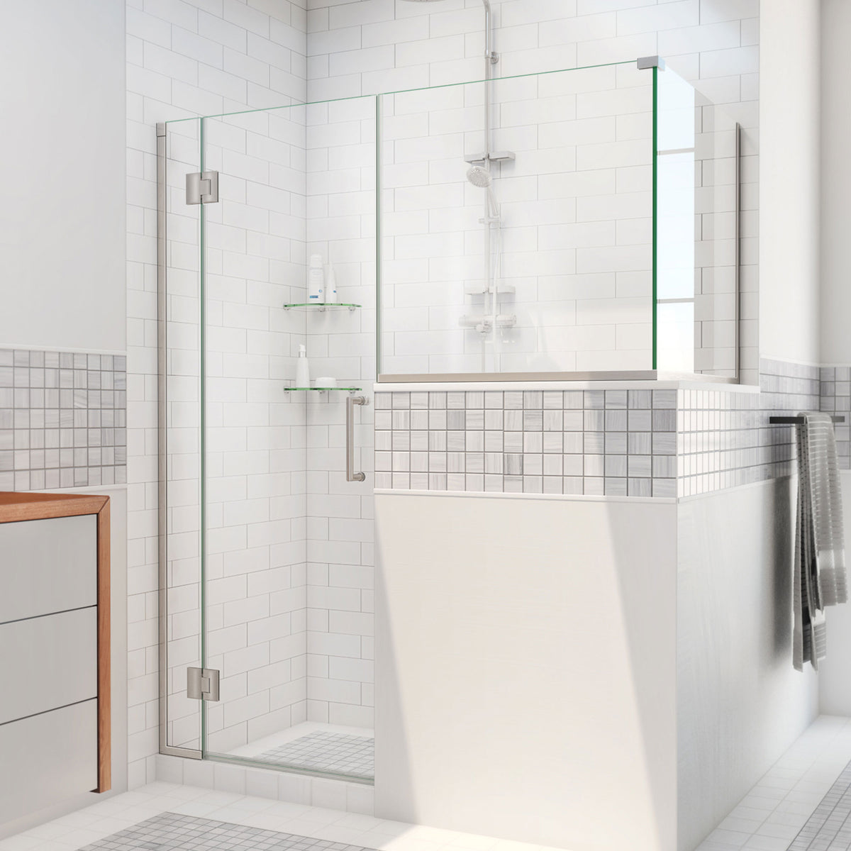 Unidoor-X frameless hinged pony wall corner shower enclosure with glass half panels on a knee wall in Brushed Nickel with clear glass
