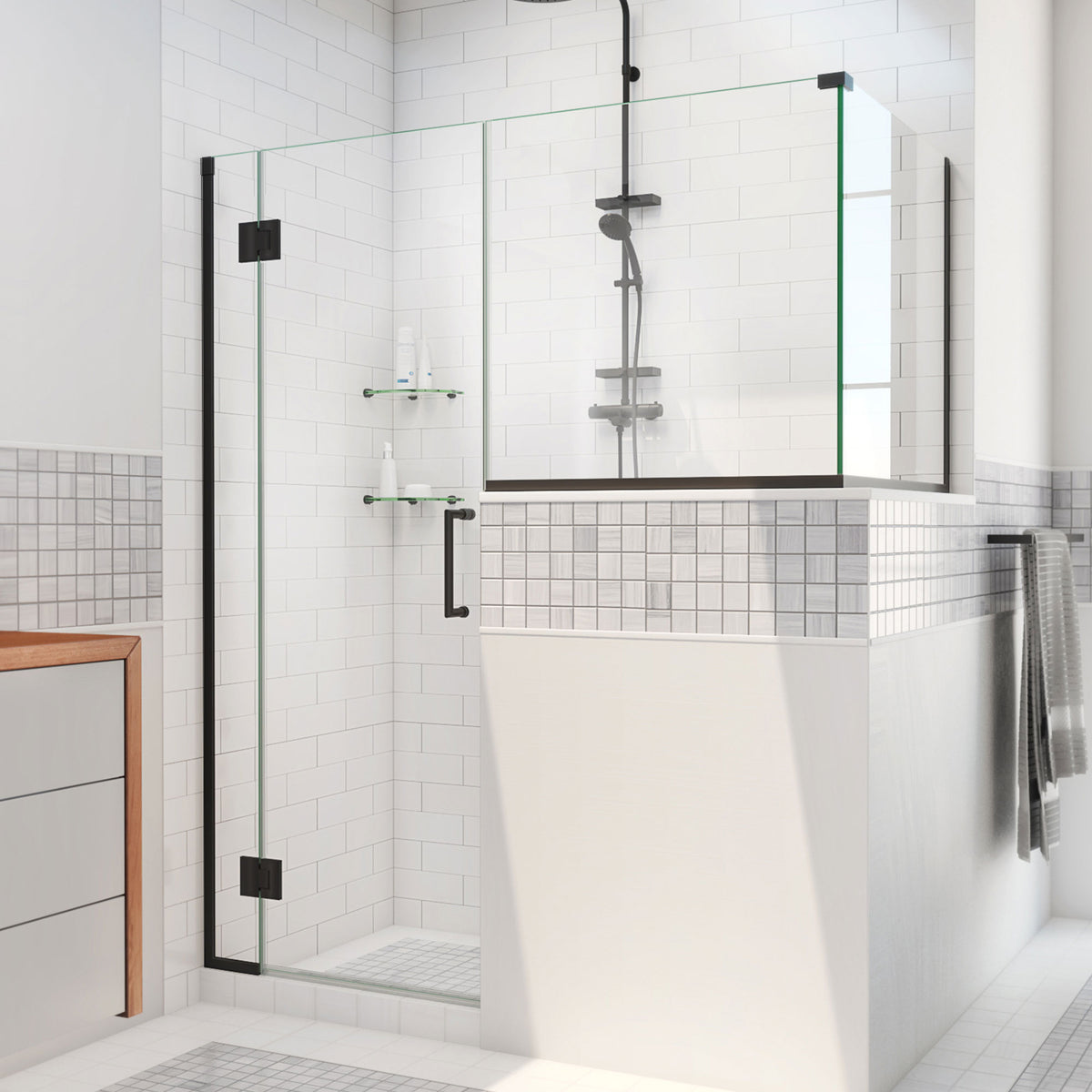 Unidoor-X frameless hinged pony wall corner shower enclosure with glass half panels on a knee wall in Satin Black with clear glass