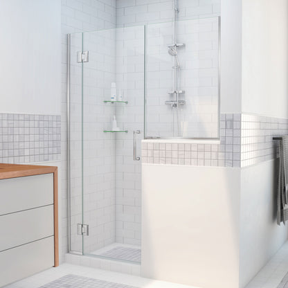 Unidoor-X frameless hinged shower door with 34 inch high inline buttress panel in Polished Chrome, 3/8 inch clear tempered glass