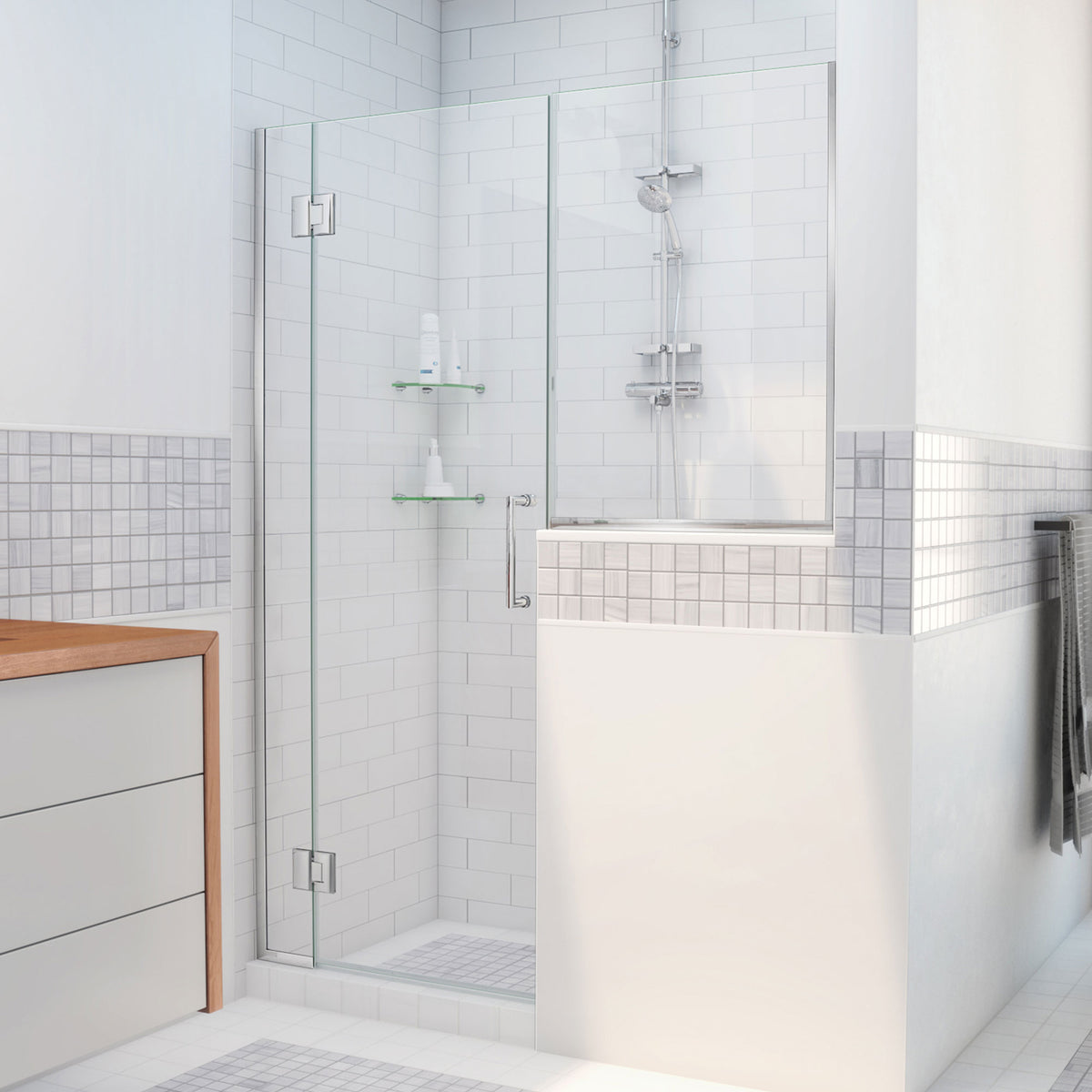 Unidoor-X frameless hinged shower door with 36 inch high inline buttress panel in Polished Chrome, 3/8 inch clear tempered glass