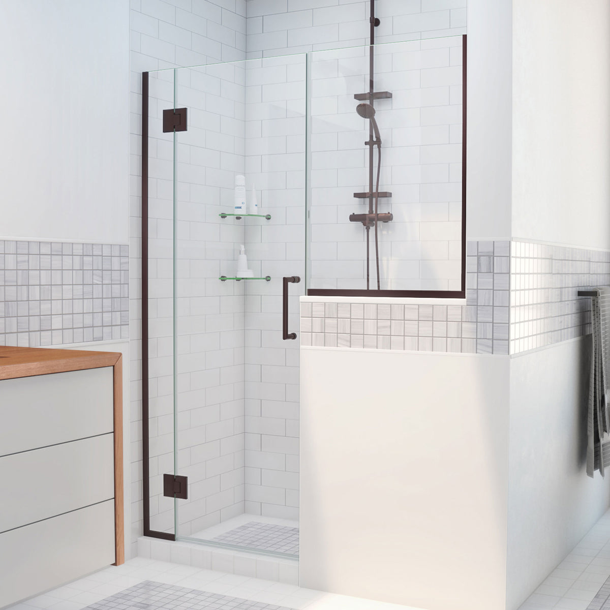 Unidoor-X frameless hinged shower door with 36 inch high inline buttress panel in Oil Rubbed Bronze, 3/8 inch clear tempered glass