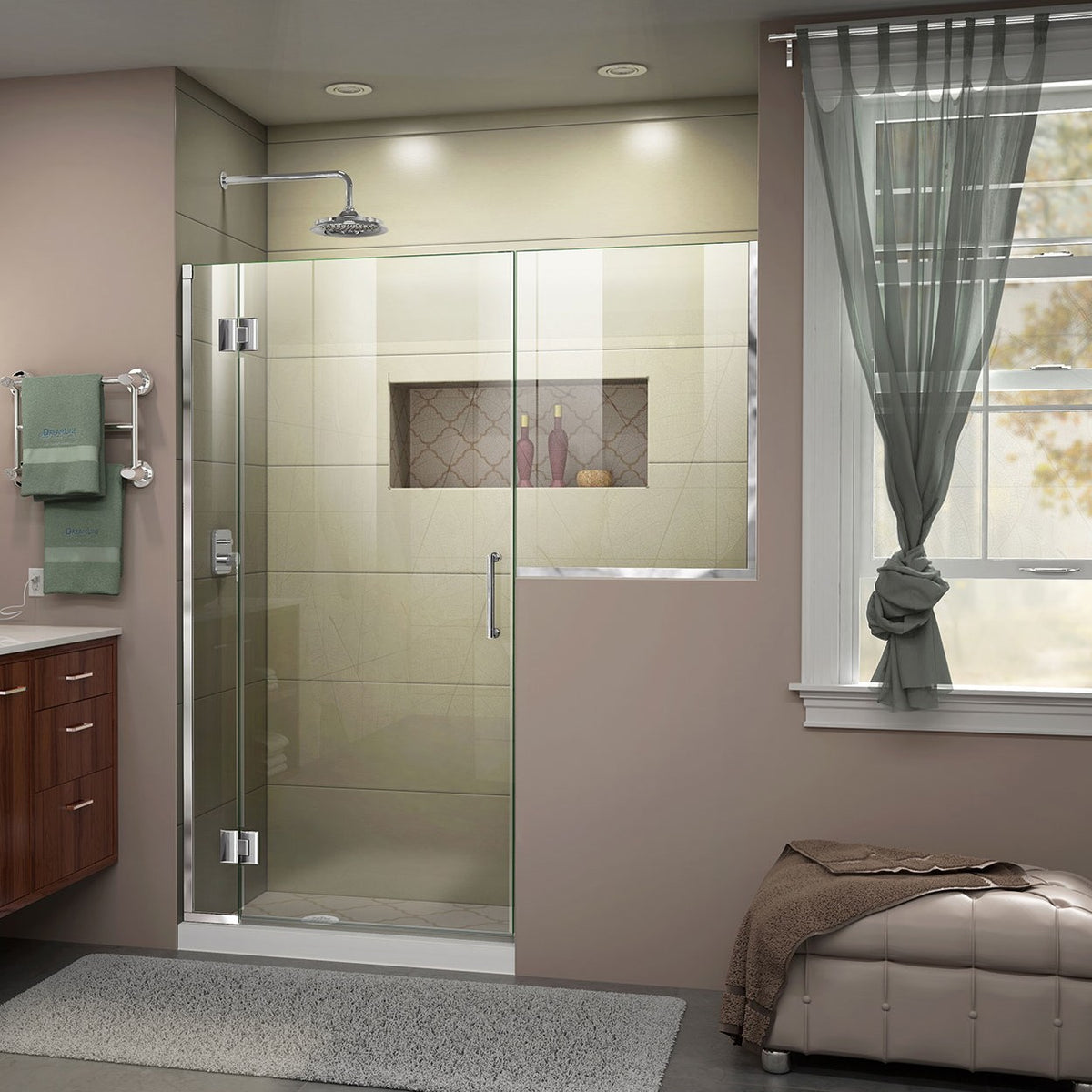 Unidoor-X frameless hinged shower door with 36 inch high inline buttress panel shown in a bathroom setting in Polished Chrome