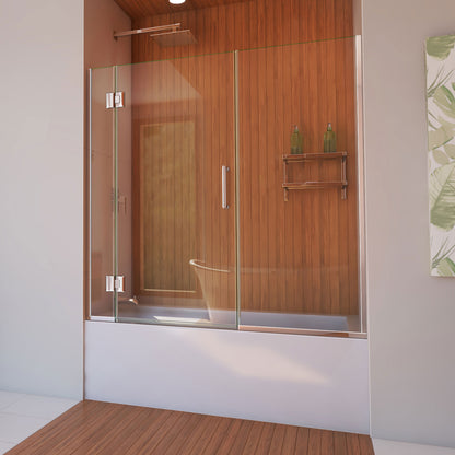 Unidoor-X frameless hinged tub door with hinged panel and inline panel in Polished Chrome with clear glass