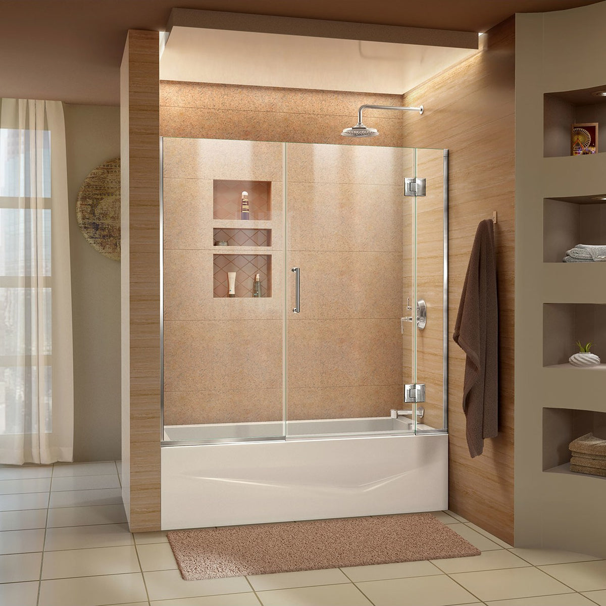 Unidoor-X frameless hinged tub door in Polished Chrome installed over a bathtub in a warm wood tone bathroom