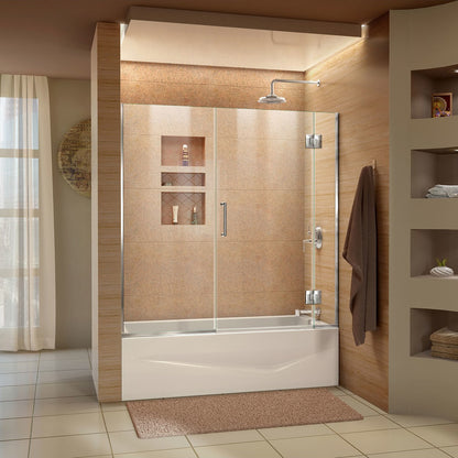 Unidoor-X frameless hinged tub door in Polished Chrome installed over a bathtub in a warm wood tone bathroom