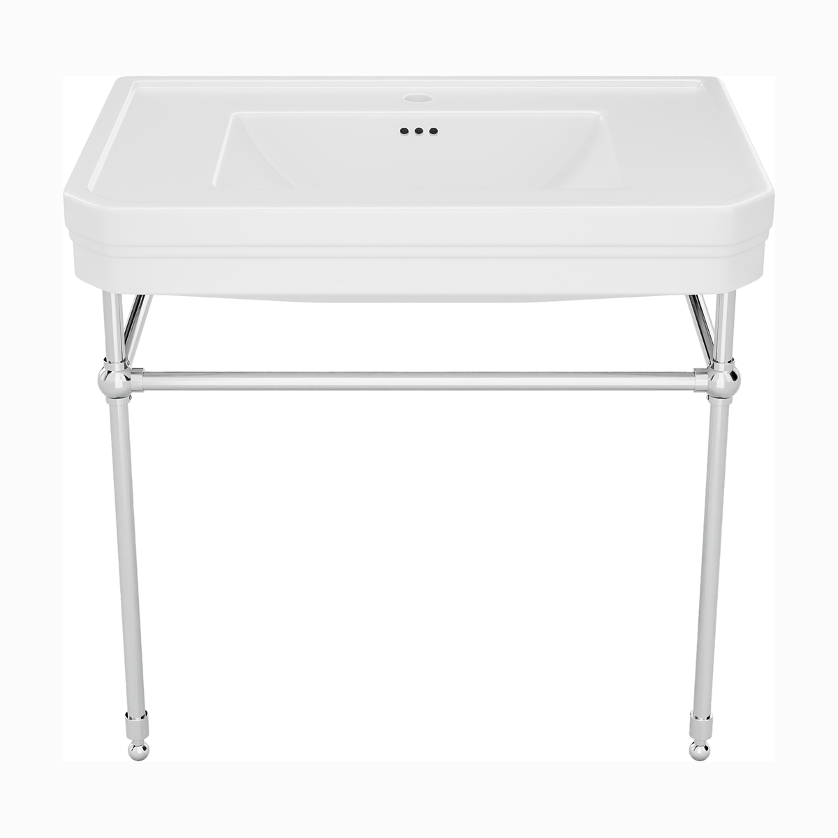 Valencia 31 inch console bathroom sink with white porcelain basin and Polished Chrome legs, single hole faucet drilling