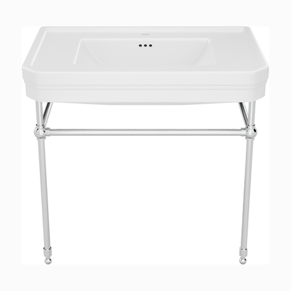 Valencia 31 inch console bathroom sink with white porcelain basin and Polished Chrome legs, single hole faucet drilling