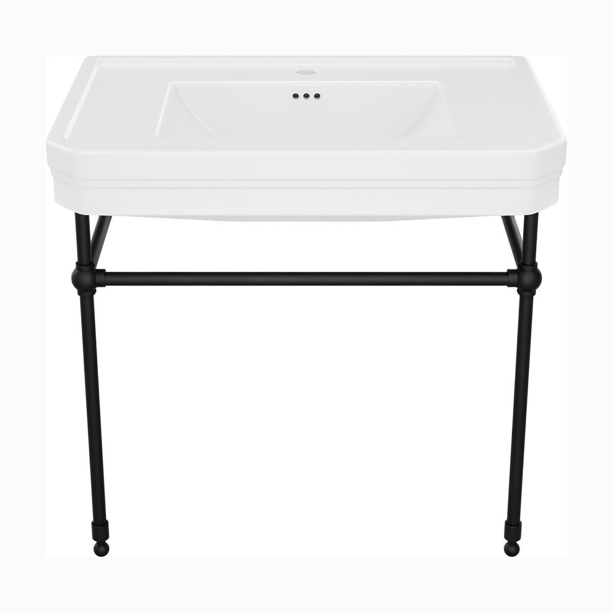 Valencia 31 inch console bathroom sink with white porcelain basin and Matte Black legs, single hole faucet drilling