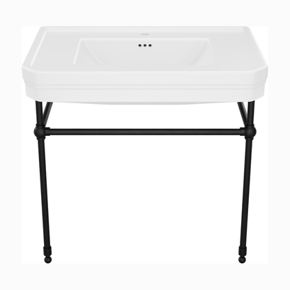 Valencia 31 inch console bathroom sink with white porcelain basin and Matte Black legs, single hole faucet drilling