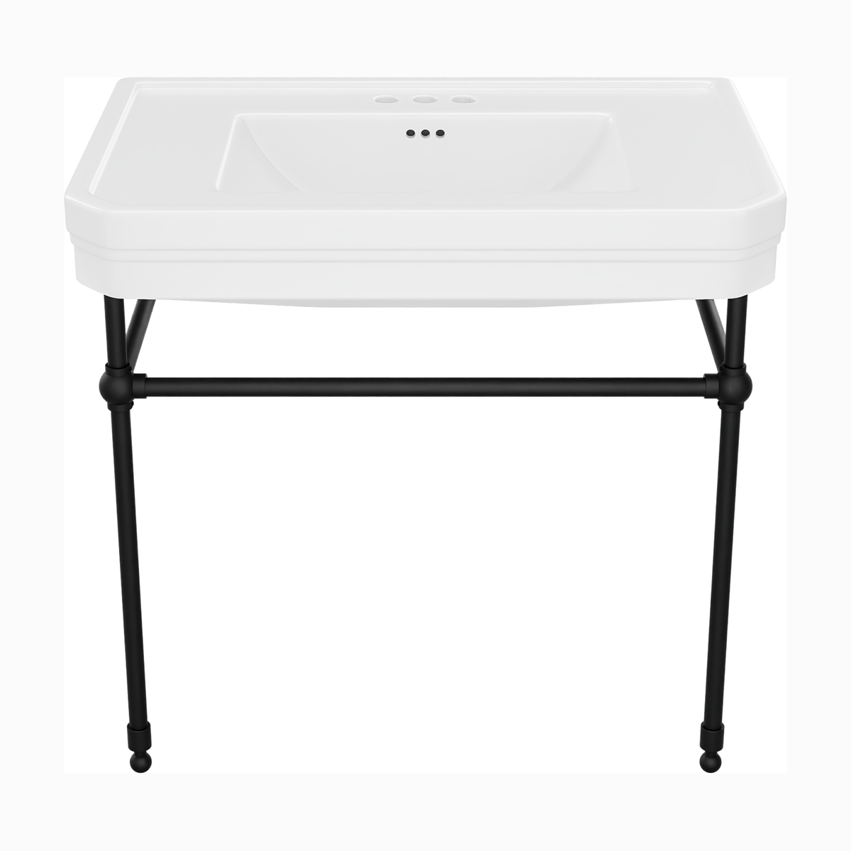Valencia 31 inch console bathroom sink with white porcelain basin and Matte Black legs, 4 inch centerset faucet drilling