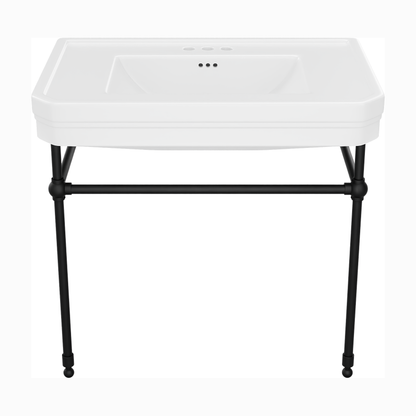 Valencia 31 inch console bathroom sink with white porcelain basin and Matte Black legs, 4 inch centerset faucet drilling