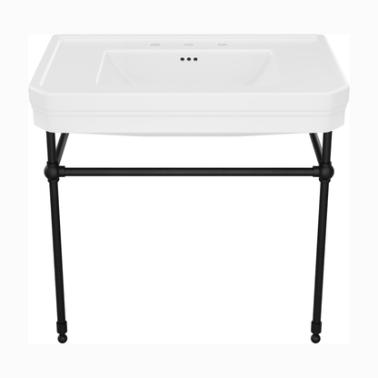 Valencia 31 inch console bathroom sink with white porcelain basin and Matte Black legs, 8 inch widespread faucet drilling