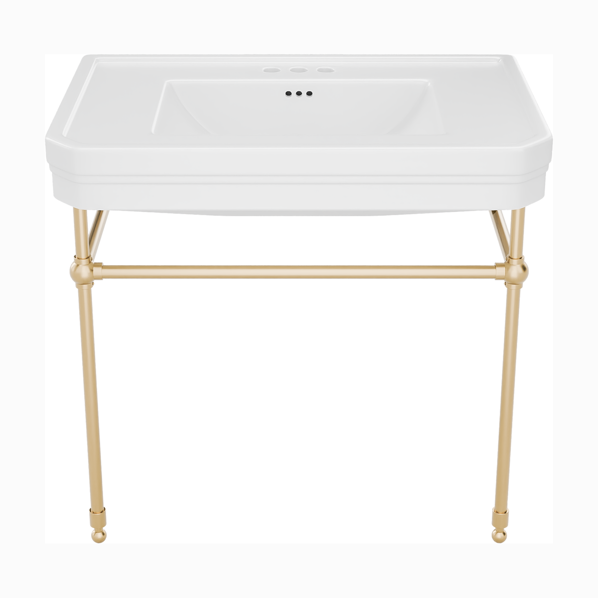 Valencia 31 inch console bathroom sink with white porcelain basin and Brushed Brass legs, 4 inch centerset faucet drilling