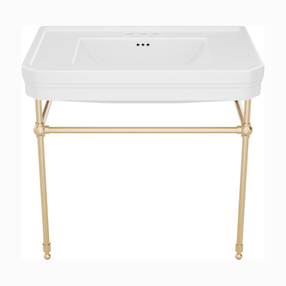 Valencia 31 inch console bathroom sink with white porcelain basin and Brushed Brass legs, 4 inch centerset faucet drilling