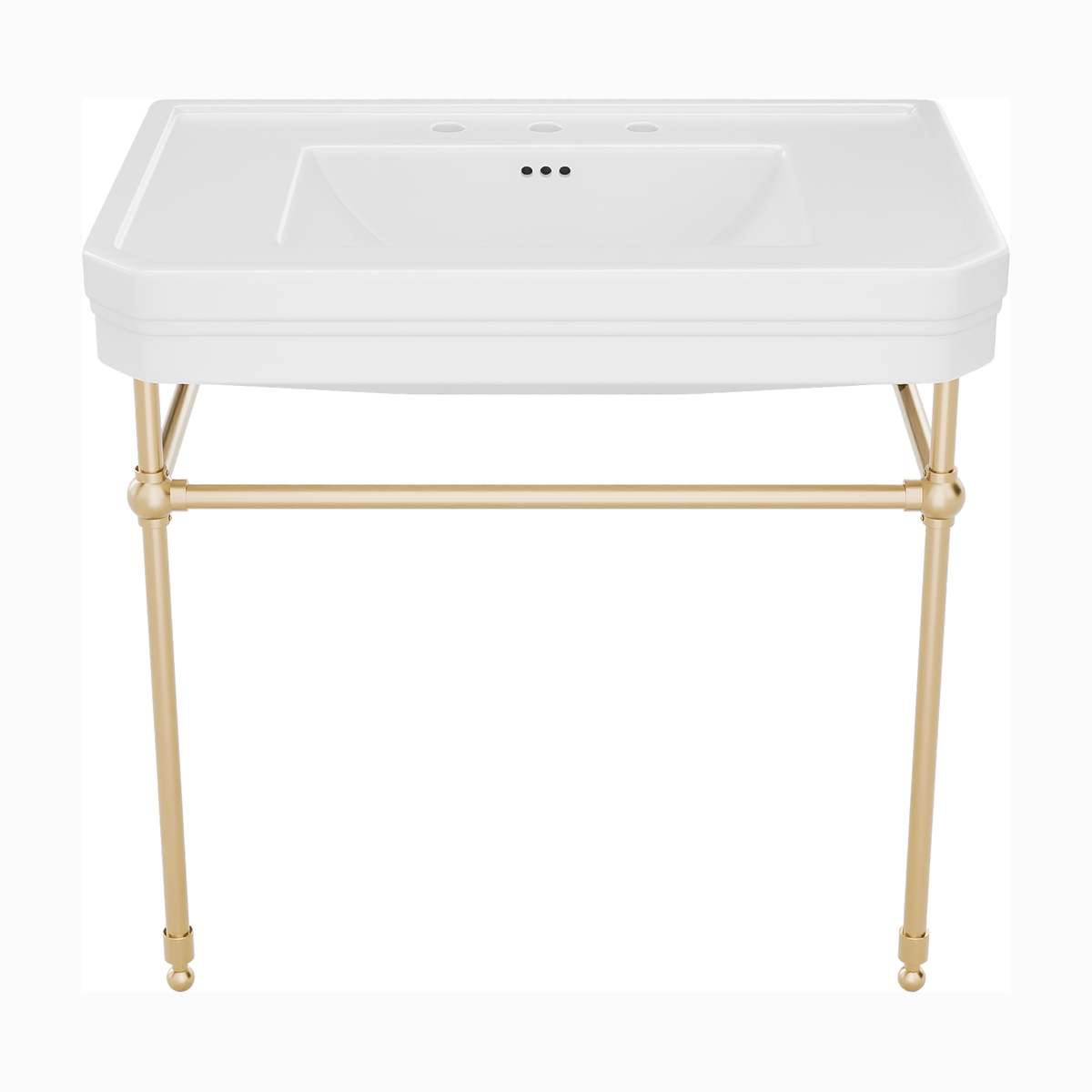 Valencia 31 inch console bathroom sink with white porcelain basin and Brushed Brass legs, 8 inch widespread faucet drilling